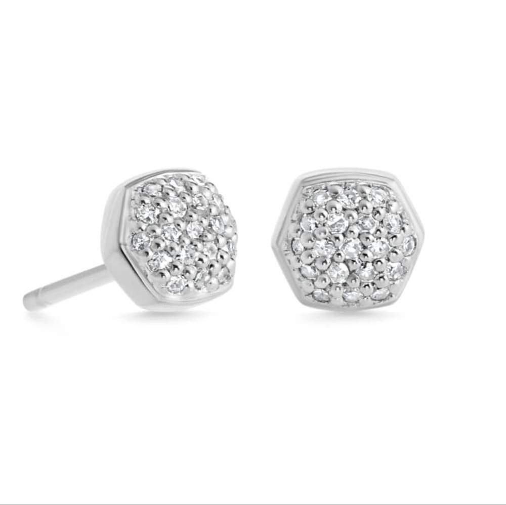 Kendra Scott Davie Sterling Silver Pave Stud Earrings White Diamond NWT